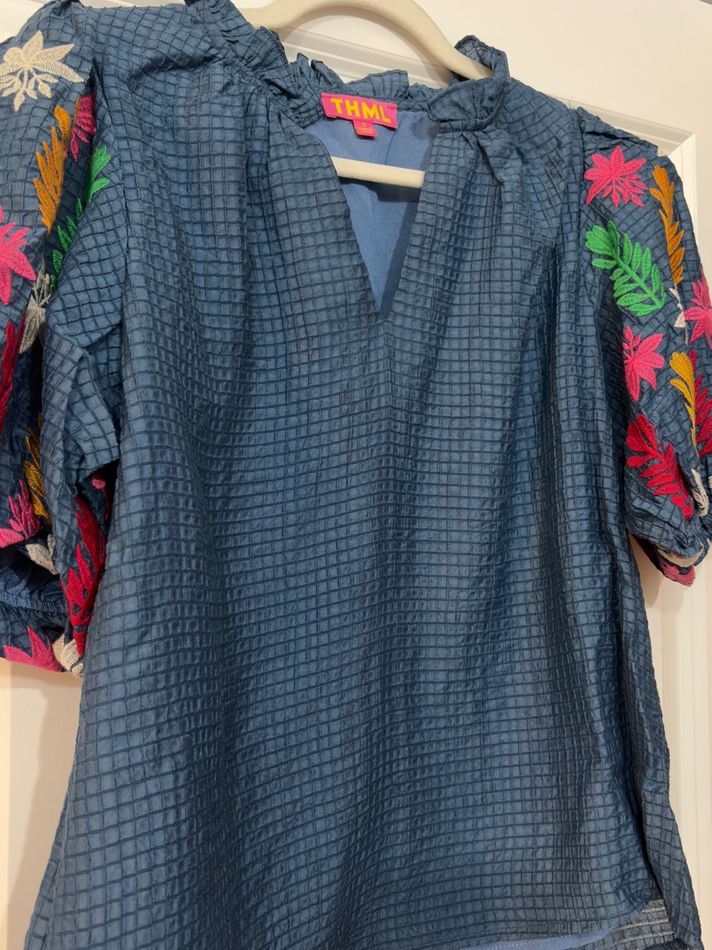Navy Textured Puff Sleeve Blouse with Multicolor Embroidery - Picture 2 of 9